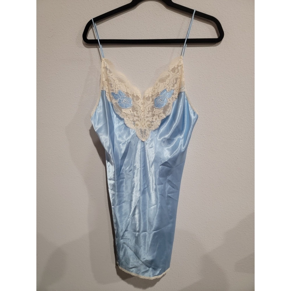 Wendy Ann Light Blue Satin Nightgown Slip‎ Dress Lace Sz S USA Made! Vintage
